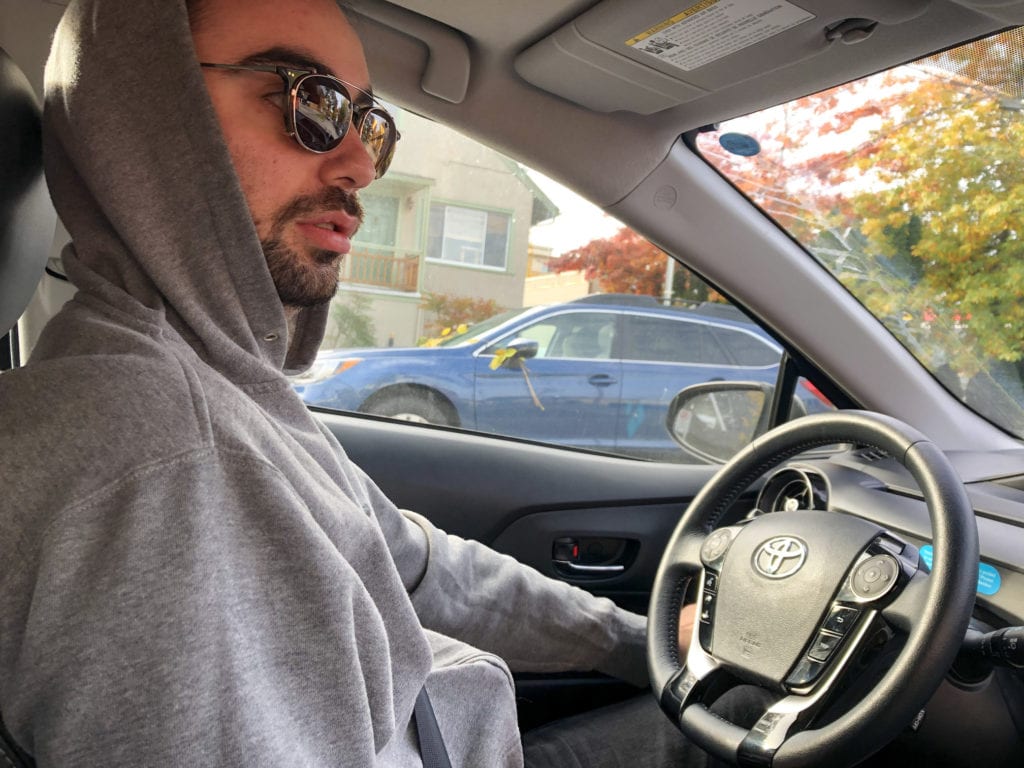 Adrien driving car to get croissants