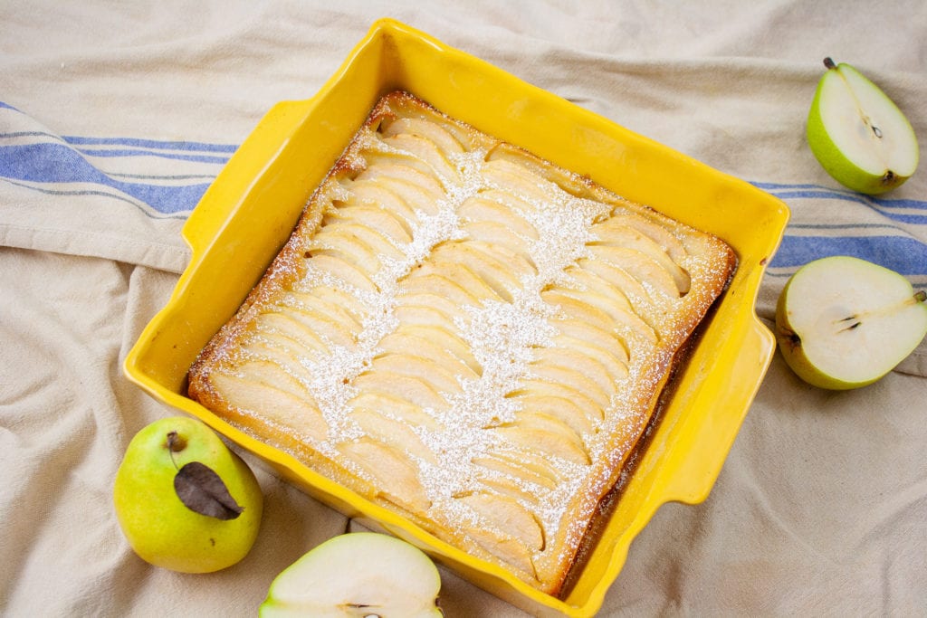 This is a picture of a pear clafoutis made from the recipe by Julia Child from her book, The Art of Mastering French Cooking