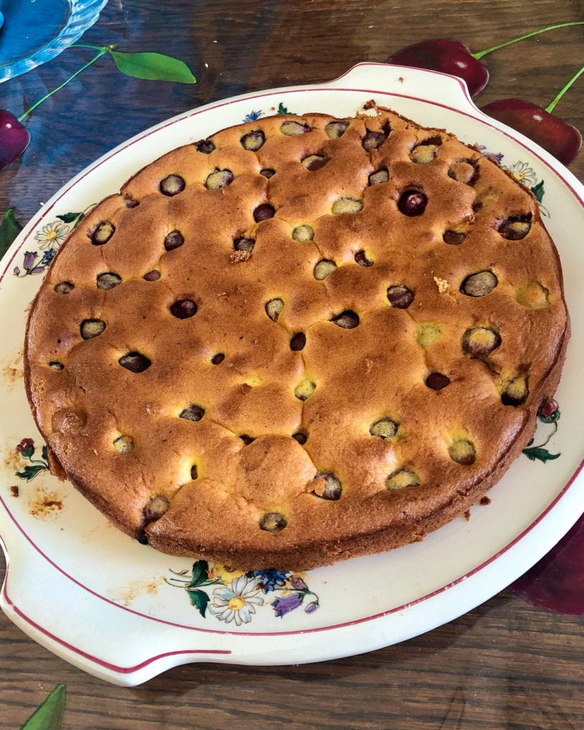 This is a picture of a homemade cherry clafoutis made in the French countryside